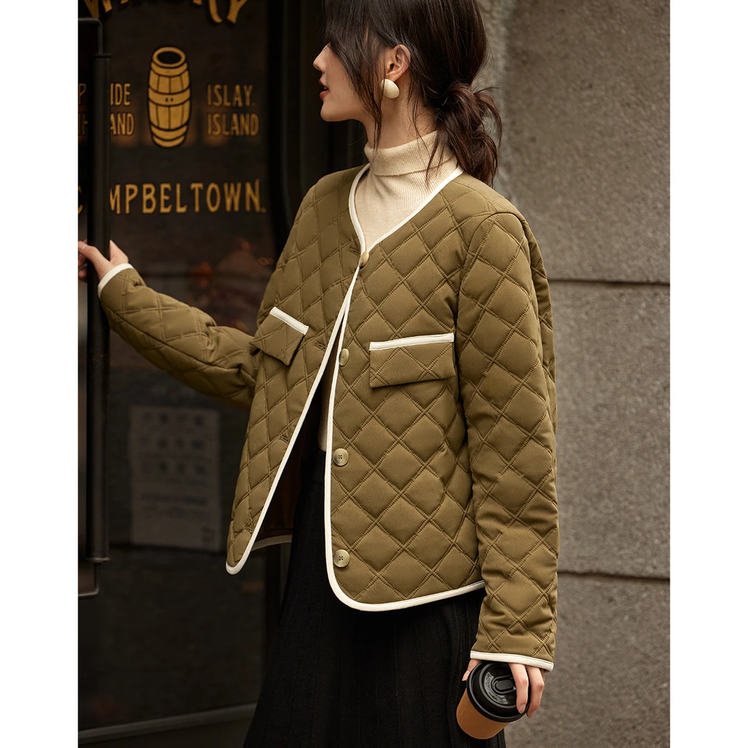 XWI/欣未23冬季新款韩版简约短款轻薄菱形格保暖小香风棉服外套