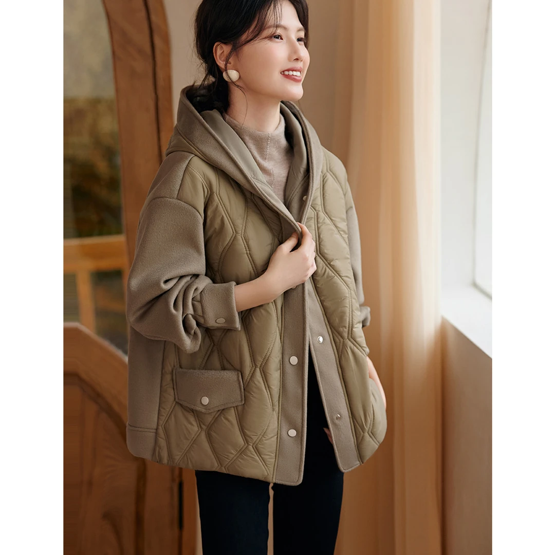 XWI/欣未连帽短款外套24秋冬季款休闲呢料拼接保暖加厚时尚外套女