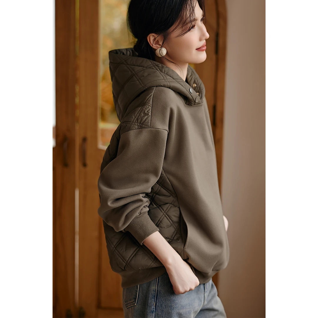 XWI/欣未23冬季新款长袖连帽复古休闲卫衣式棉服女拼接卫衣棉服