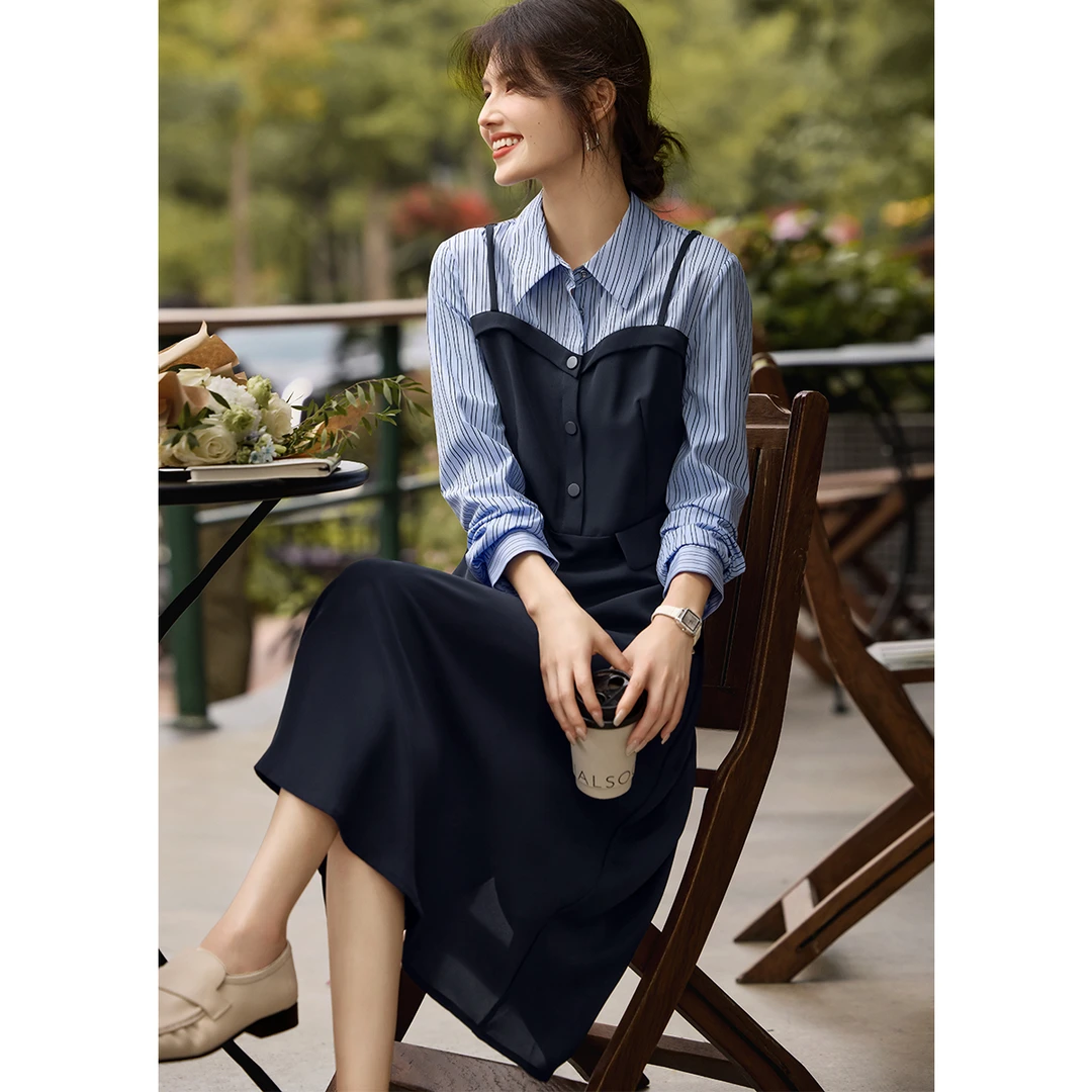 XWI/欣未通勤知性拼接衬衫假两件连衣裙25早春气质显瘦女装连衣裙