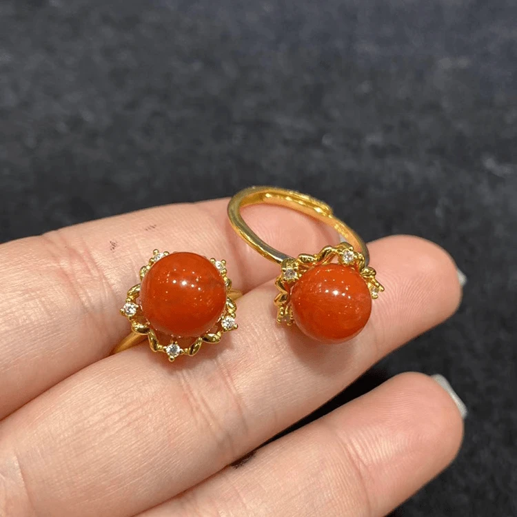 天然南红球形戒指9MM珠子S925镶嵌开口戒（多样性发其一）