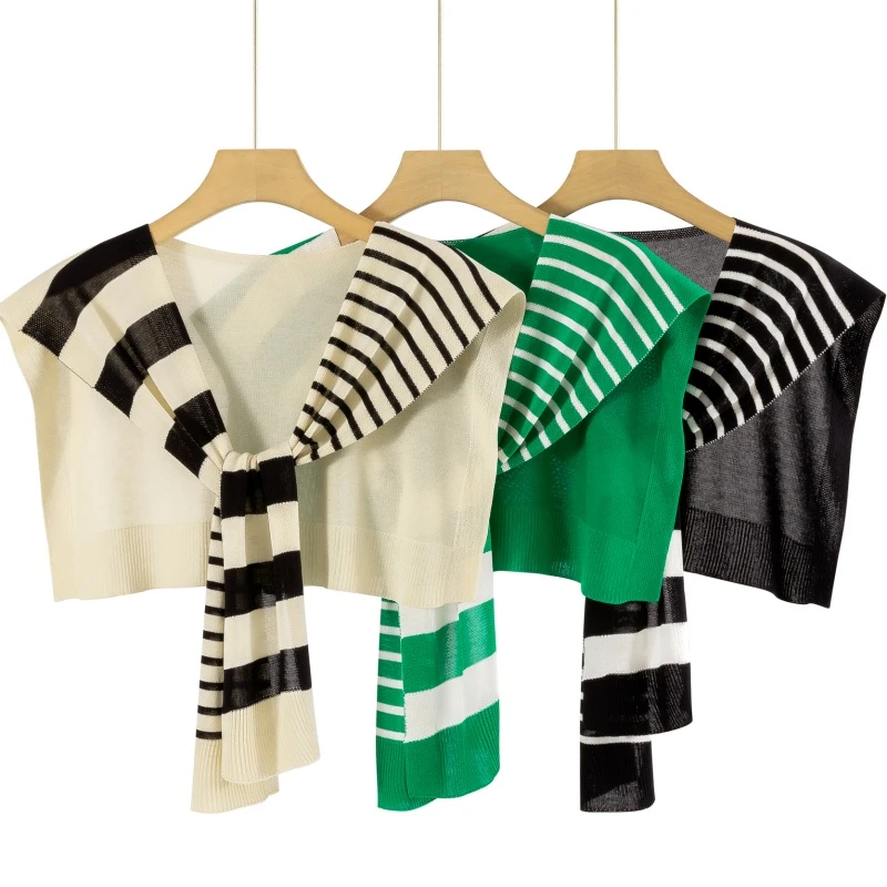 薄款条纹披肩时尚外搭针织披肩女2024新款交叉打结夏季空调房坎肩