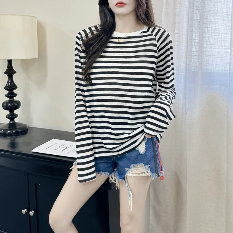 高考毕业季t恤防晒显瘦长袖百搭宽松条纹针织春秋时尚休闲薄款