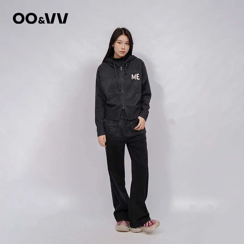 OO&VV秋冬新款字母毛衣外套连帽秋冬新款宽松显瘦藏肉休闲外套女