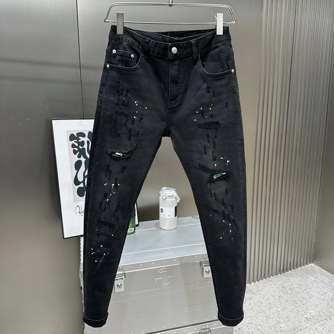 手工漆涂鸦设计 磨破春秋新款男士微宽松弹力牛仔裤男 牛仔裤子