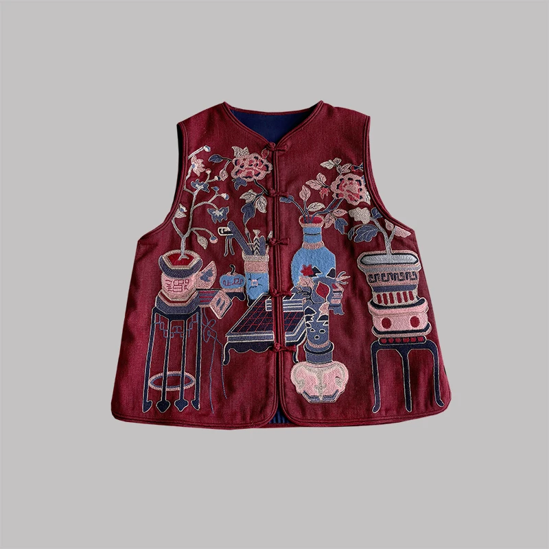 新中式 重工刺绣马甲 麻料宝瓶国风国潮