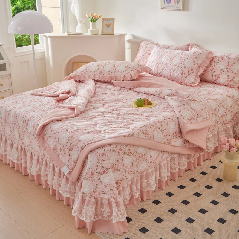 公主风韩版花边泡泡双层纱床盖被套四件套水洗夹棉床罩三件套机洗