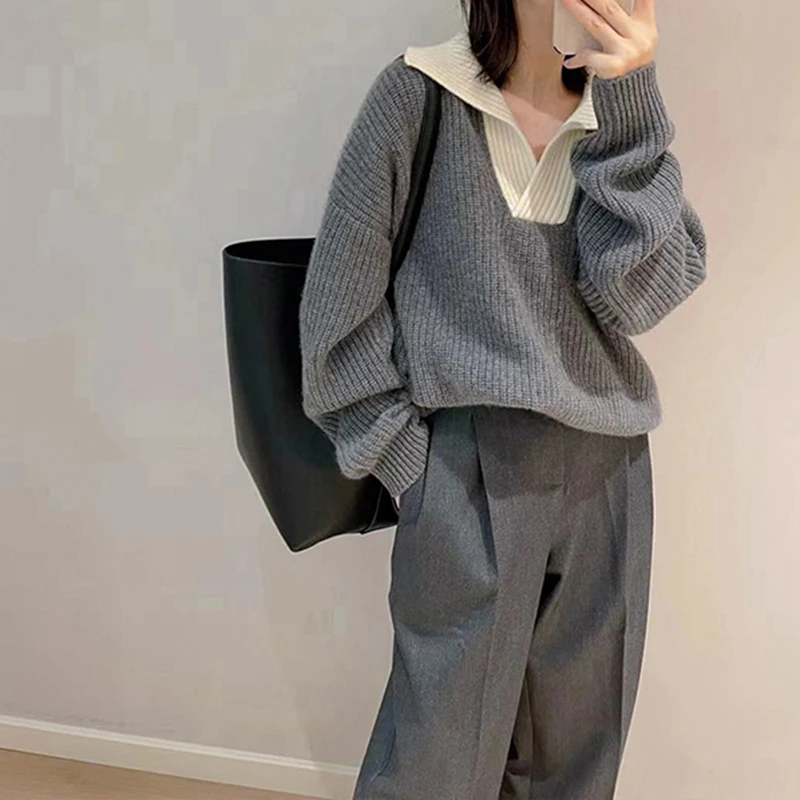 灰色针织衫高级感宽松翻领套头毛衣女秋冬2024新款洋气小个子上衣
