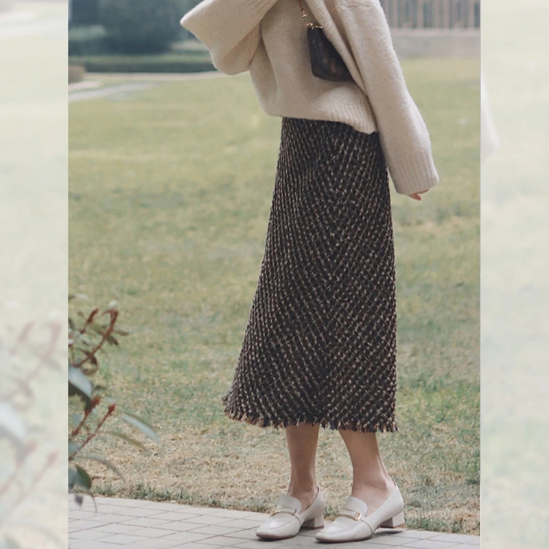 气质通勤流苏毛呢半身裙中长款女秋冬新款高腰显瘦遮肉垂感a字裙