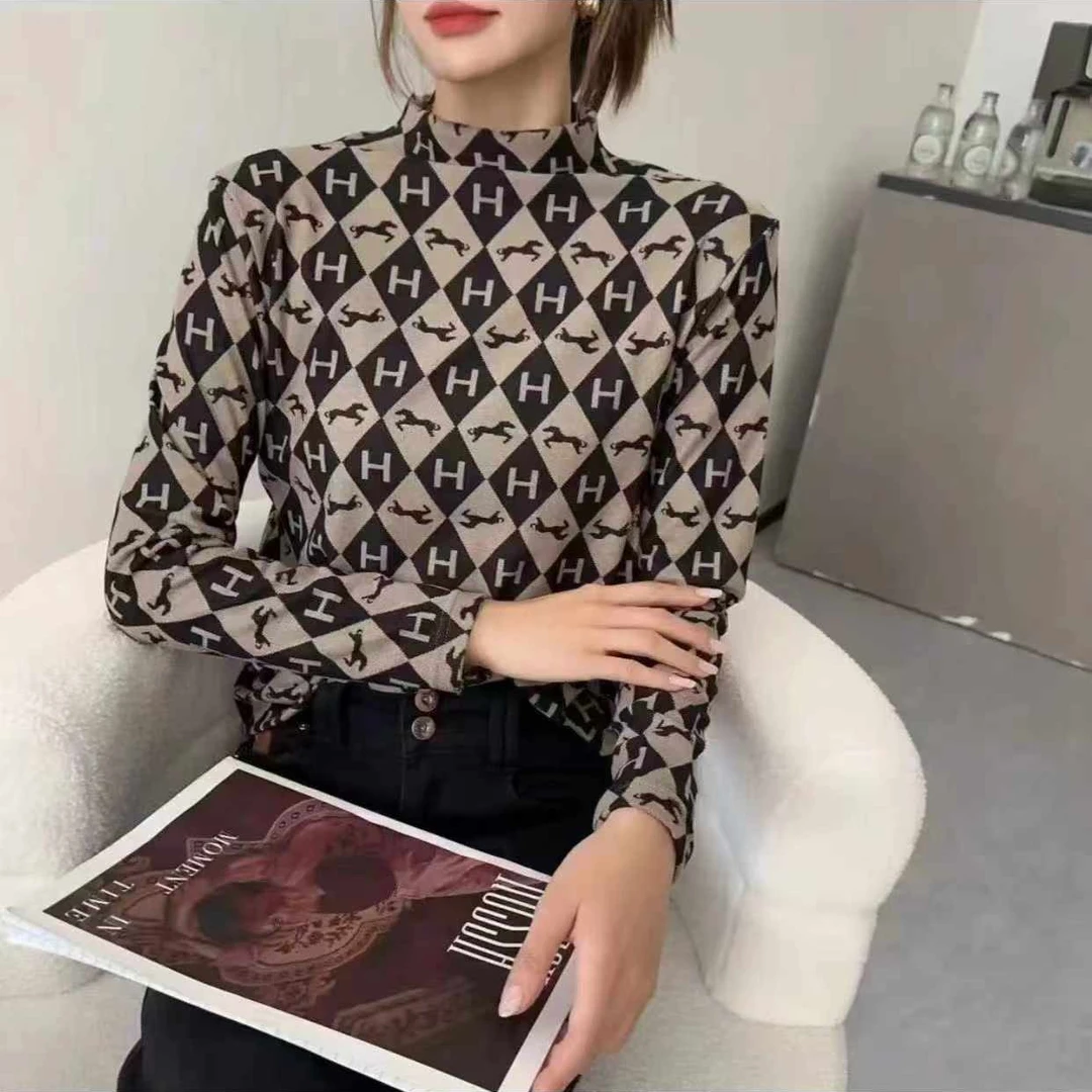 气质时尚百搭印花高领长袖秋冬保暖半高领网红洋气