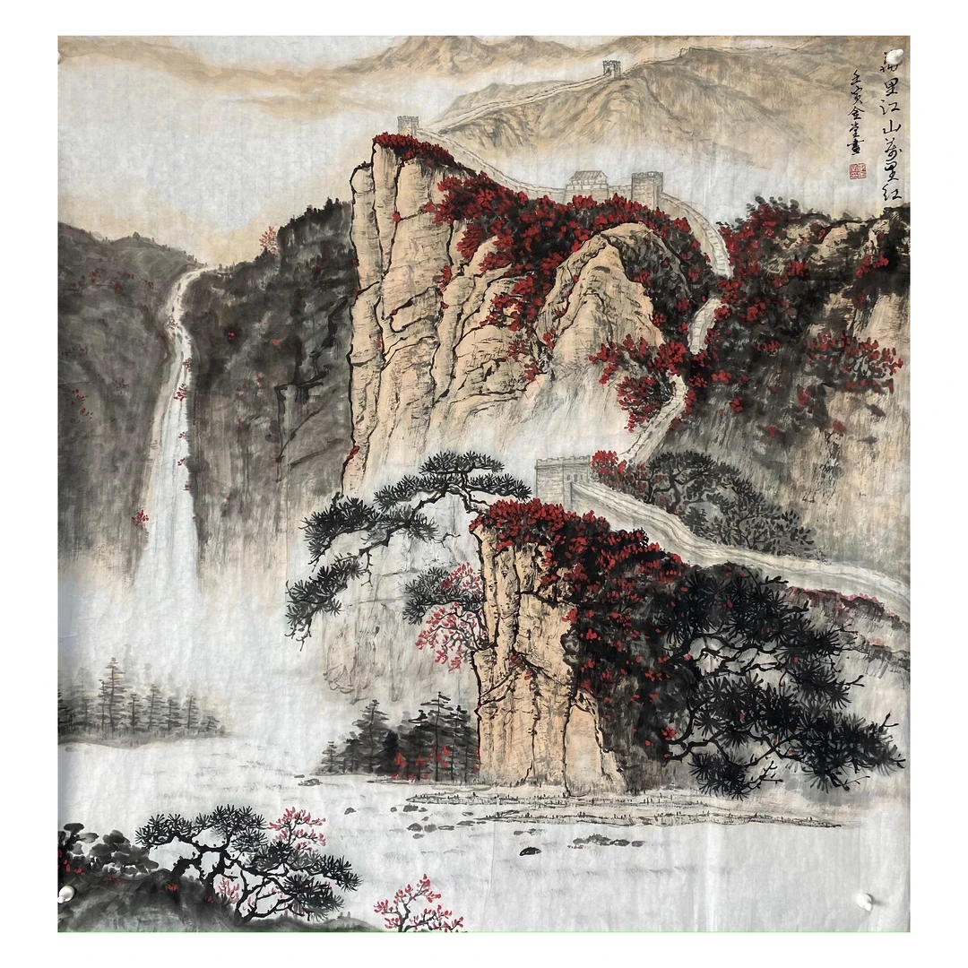 客厅沙发背景墙手绘山水挂画装饰画国画1.2米斗方（未装裱画芯）