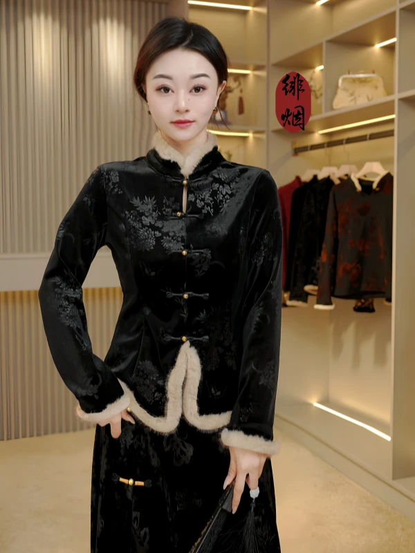 【望月】2024新款复古气质新中式设计师重工加厚女士T恤上衣