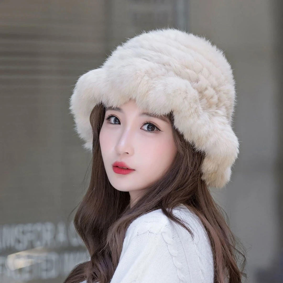 女士兔毛毛线帽渔夫帽秋冬加厚保暖显脸小毛绒护耳帽帽子加绒冬天