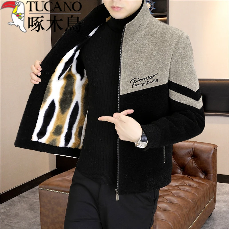 啄木鸟呢子外套男秋冬季中青年加绒加厚短款潮流立领休闲保暖夹克