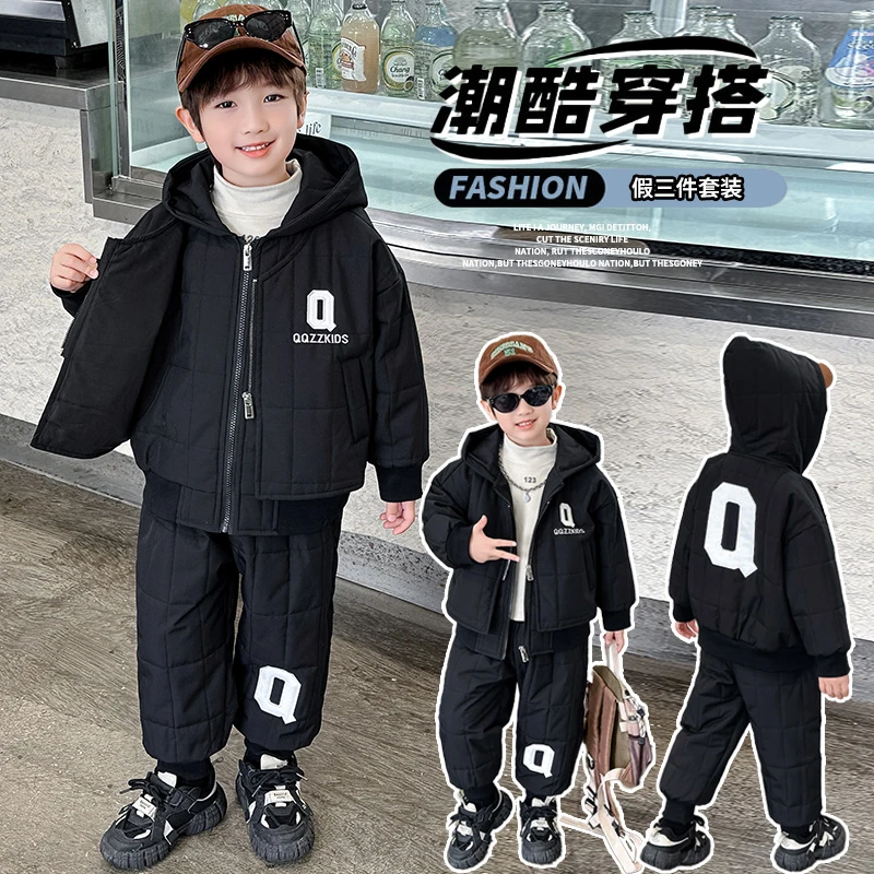 男童棉服套装冬季2025新款儿童加绒加厚假两件棉衣外套秋冬两件套