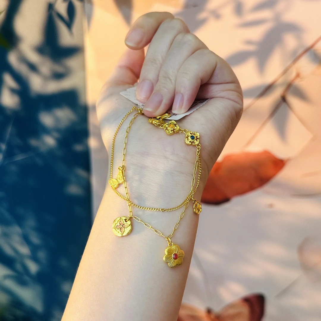 【传承】六桂福古法黄金珐琅彩足金双层手链P03mfgh24276