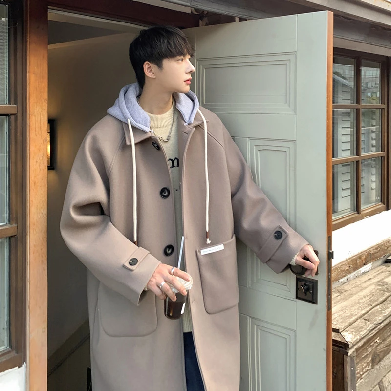 男士大衣加厚百搭青少年潮流爆款连帽休闲中长款时尚宽松大码男装