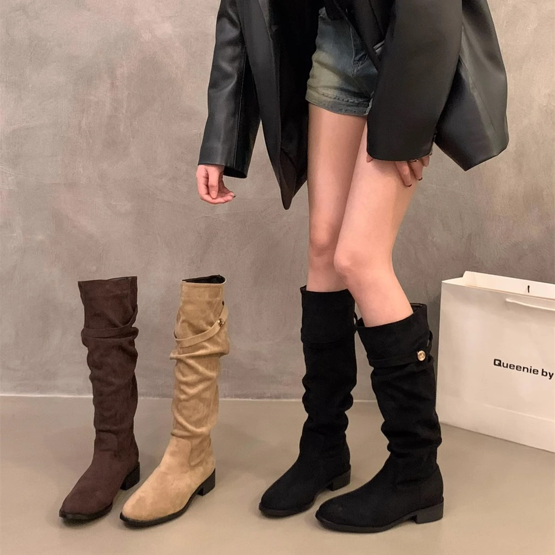 粗跟绒面卡其色堆堆中筒骑士靴女鞋2024新款秋冬季显瘦长筒长靴子