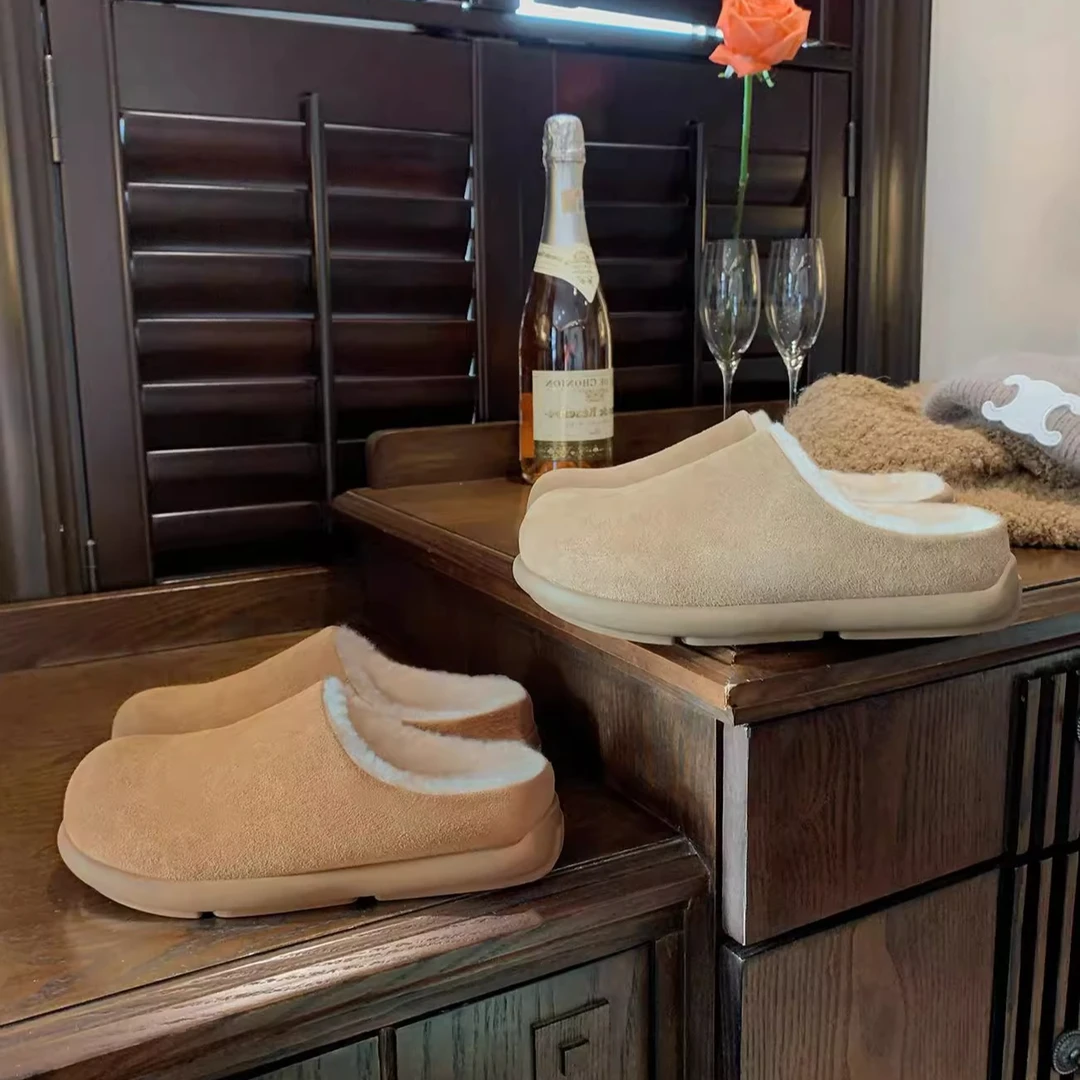 小土豆配色！厚底毛毛保暖一脚蹬包头半拖鞋女加绒外穿勃肯鞋棉鞋