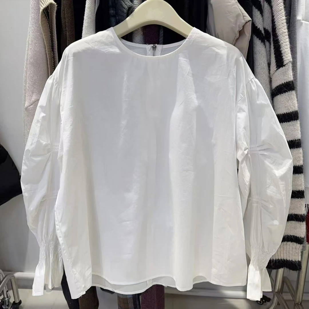 （十八家）圆领宽松褶皱喇叭长袖衬衫