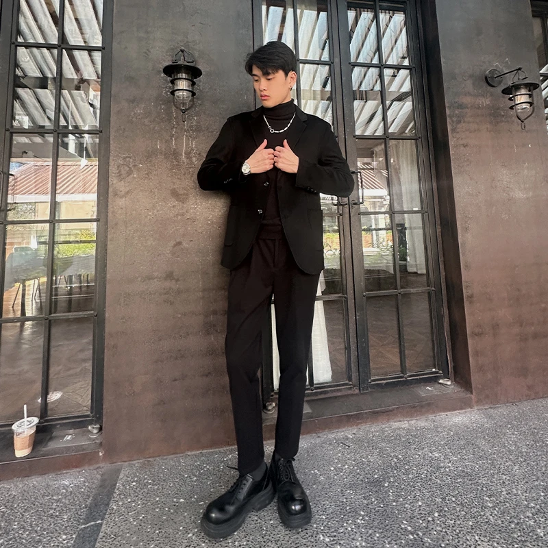 冬季双面免烫短款西服绵羊毛男装百搭简约单排扣宽松男士翻领外套