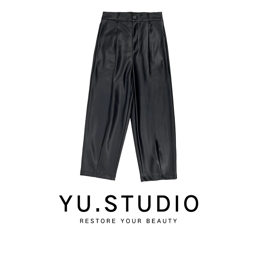 方和屿.直筒型冬季高腰休闲裤宽松纯色秋冬黑色百搭皮裤5789