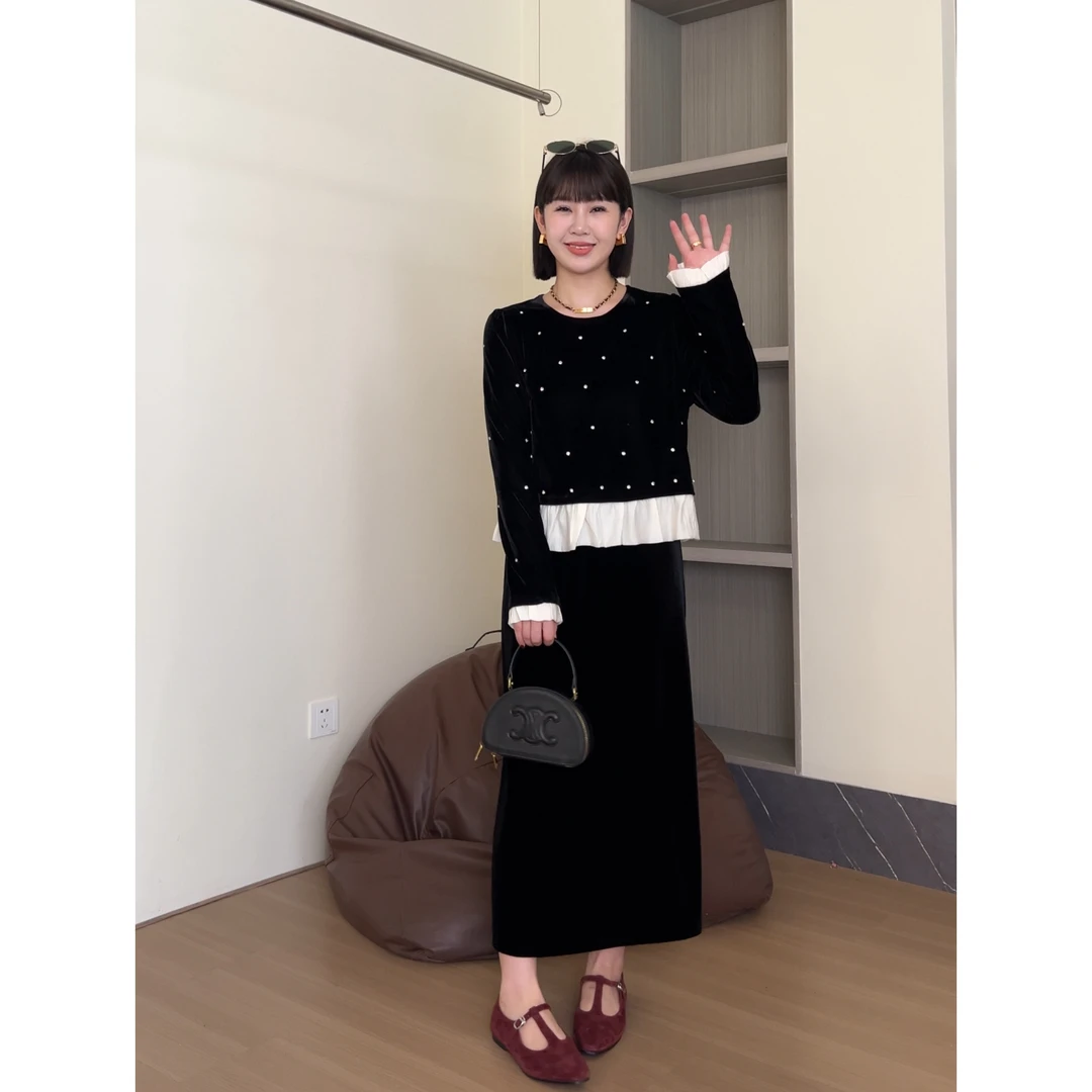 方和屿.法式小香风烫钻丝绒上衣女秋冬高级感洋气长袖T恤T037