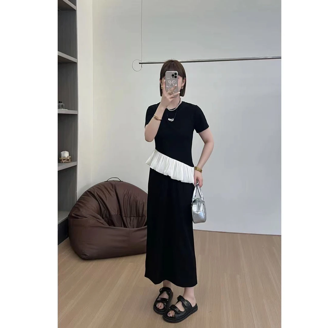 方和屿.夏季新款法式复古拼接不规则纯色显瘦简约套装裙A48-11619