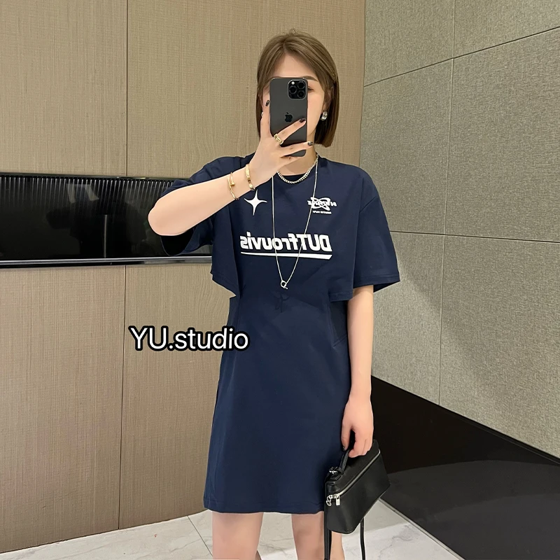 方和屿.时尚小众侧腰镂空设计收腰字母印花短袖连衣裙女A03-8058