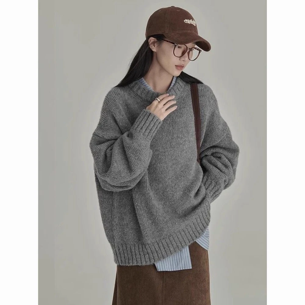 加厚日系韩版秋冬慵懒风复古圆领套头宽松马海毛纯色内搭打底毛衣