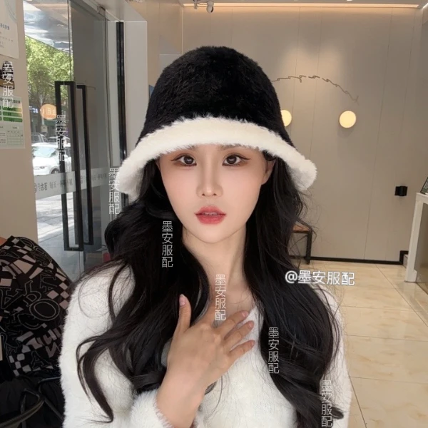 【拼色毛绒渔夫帽】女秋冬新款显脸小针织盆帽小香风冬季保暖水桶帽
