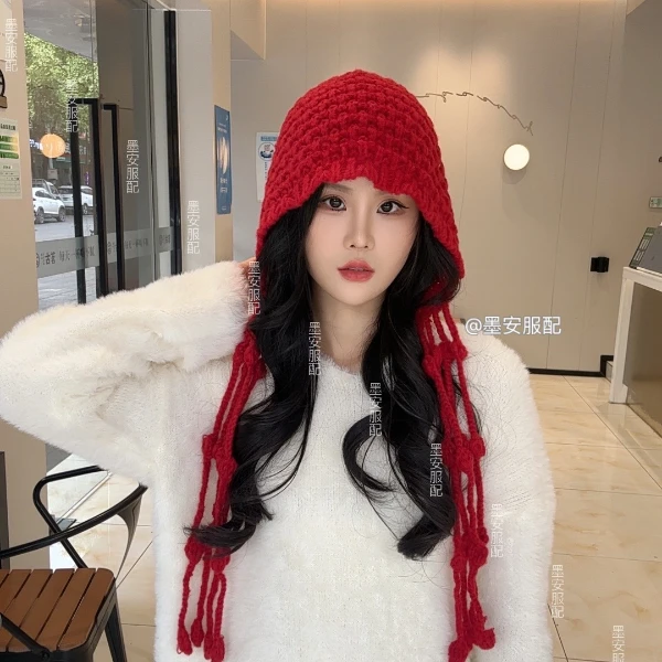 【手工款流苏帽】球球红色针织毛线帽保暖包头帽冬天护耳绑带帽潮帽