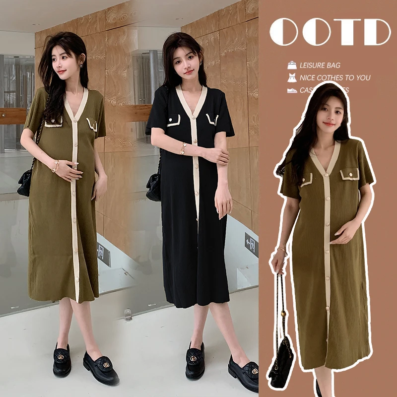 网红孕妇装夏季薄款时尚显瘦V领连衣裙小香风气质显瘦针织连衣裙