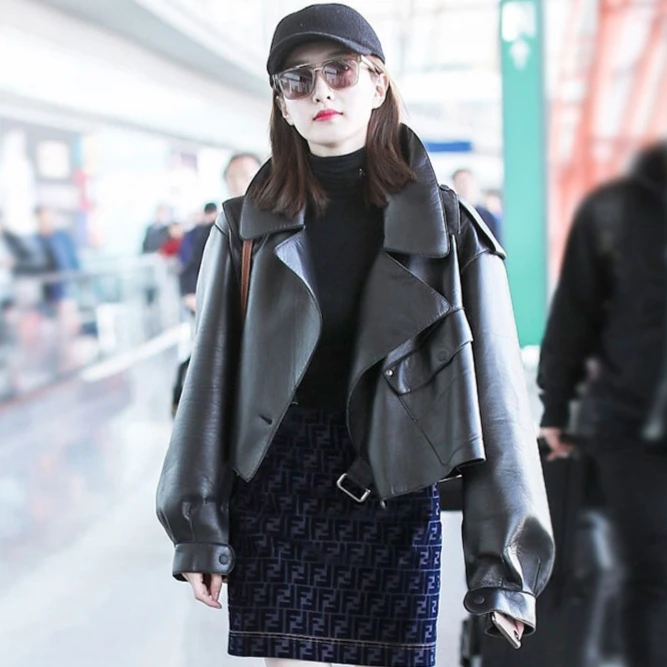 江疏影同款海宁皮衣女春秋新款加厚小个子宽松机车外套