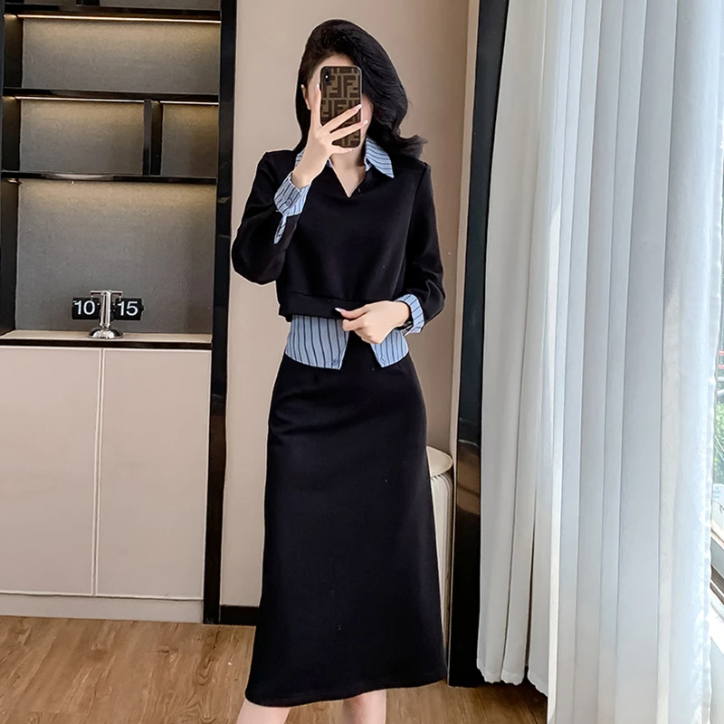 时尚复古拼接卫衣套装裙2025秋季新款休闲简约高级感半身裙两件套