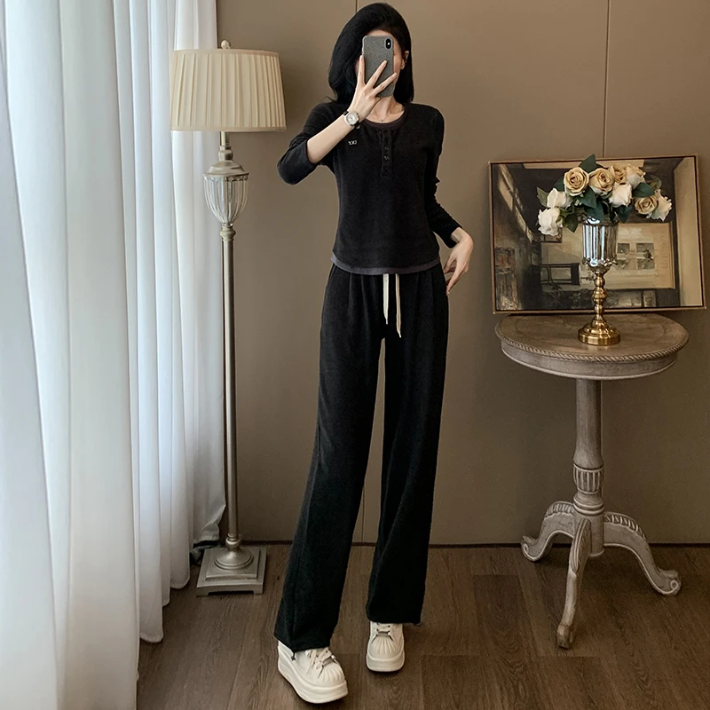 2025入秋穿搭一整套女设计感假两件长袖上衣休闲运动阔腿裤两件套