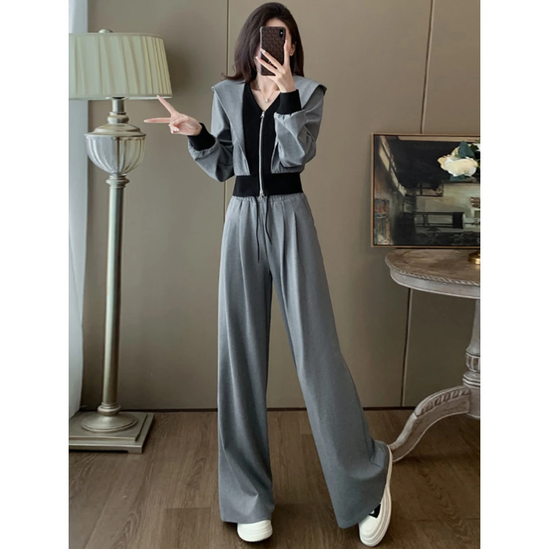 高级感欧货休闲运动套装女春季新款时尚洋气灰色卫衣阔腿裤两件套