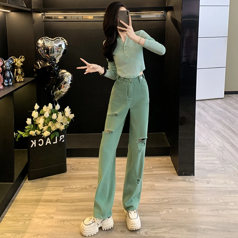 2025秋季小清新休闲时尚套装女短款针织长袖上衣阔腿牛仔裤两件套