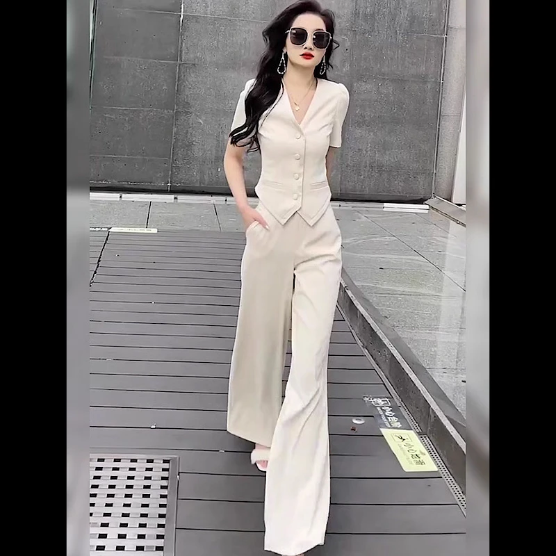 气质高端职场休闲服两件套女装不规则下摆V领纽扣开衫短袖套装潮