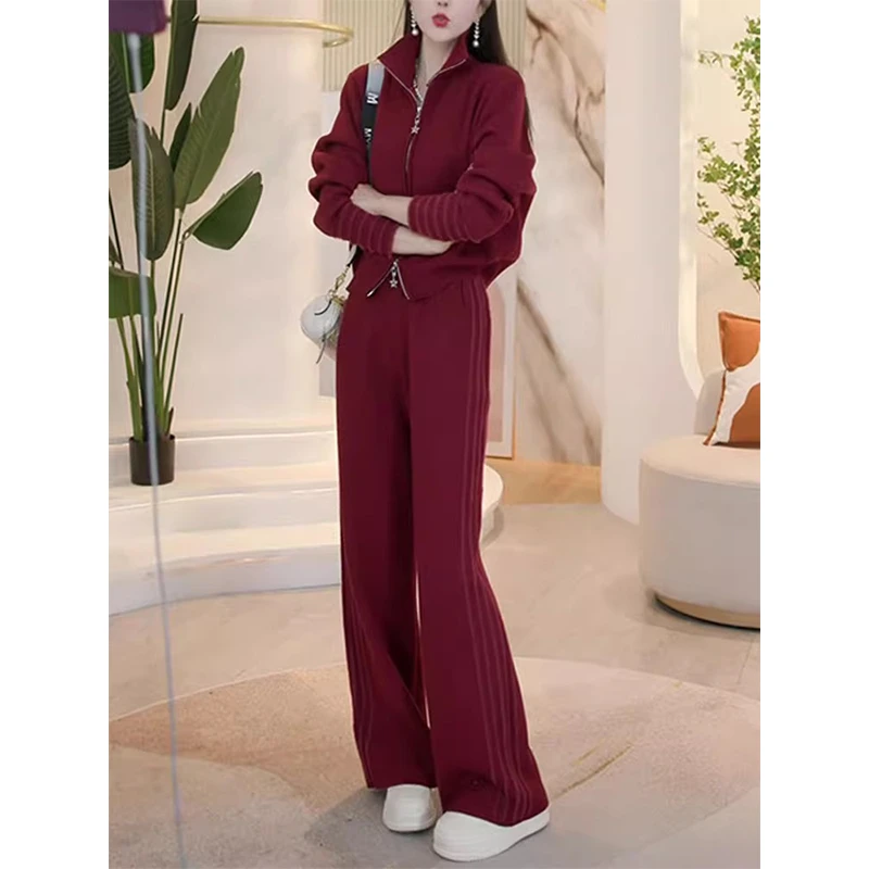 今年流行休闲时尚运动套装春季红色拉链开衫短款长袖上衣两件套女