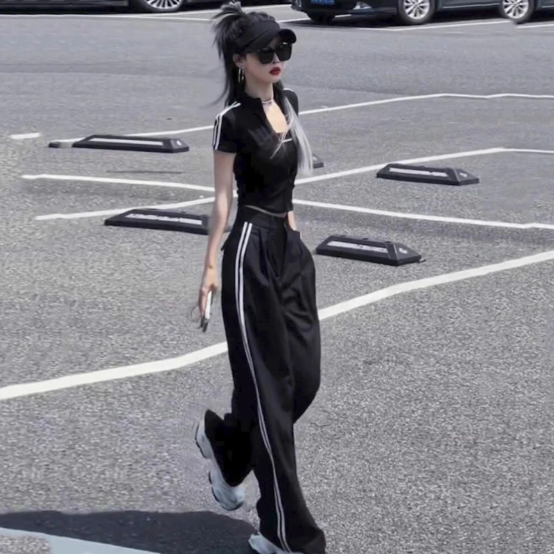 小众设计感时尚运动拉链假两件女装修身纯欲风套头低领短袖两件套