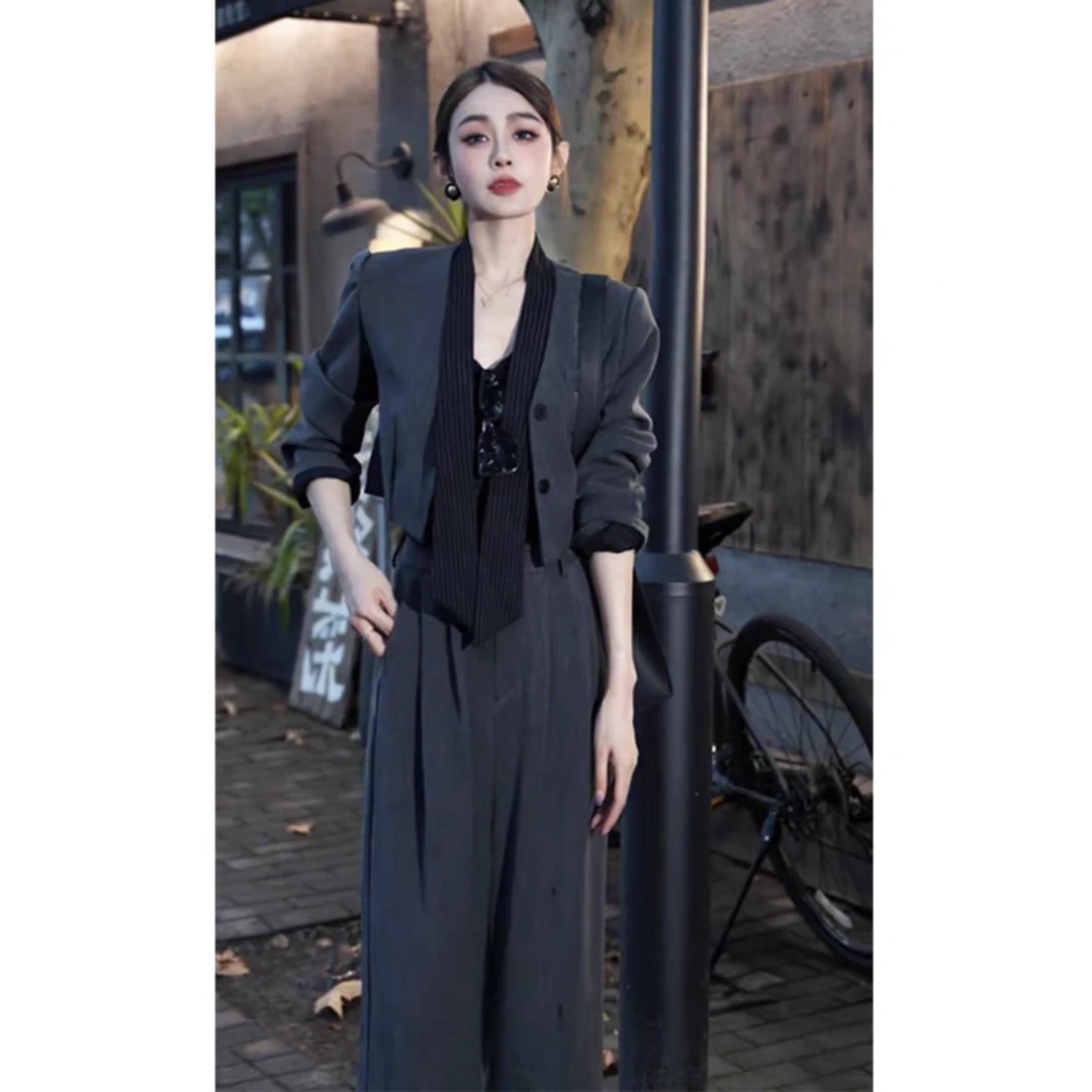 欧洲站2025秋冬新款韩版冷淡系气质时尚西装阔腿裤两件套职场套装