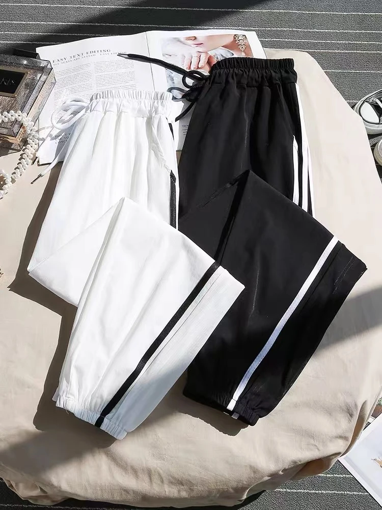 白色冰丝运动裤女夏季薄款宽松束脚2025新款休闲速干灯笼九分裤子