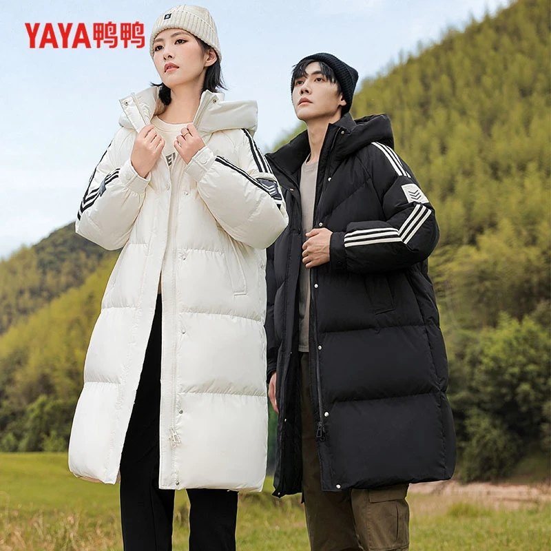 YAYA/鸭鸭中戏冬季男女同款过膝中长款加厚连帽鸭绒保暖羽绒服