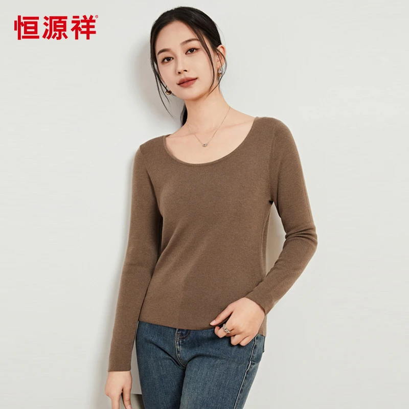 【可机洗】恒源祥修身羊毛衫女春舞蹈生大圆领套头针织衫纯色上衣