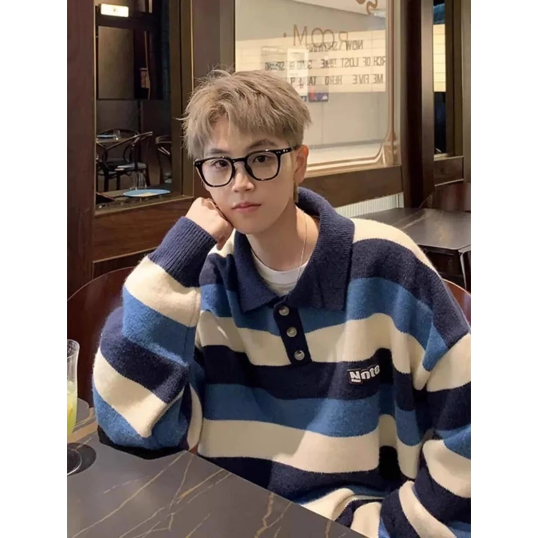 秋冬季新款针织衫青少年高级感宽松潮牌外套条纹撞色polo领毛精选