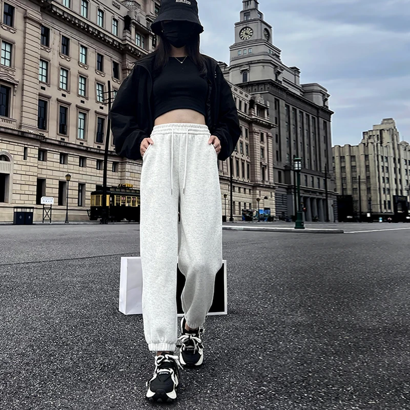 秋冬灰色秋季休闲运动裤女加绒加厚小个子休闲百搭九分束脚卫裤