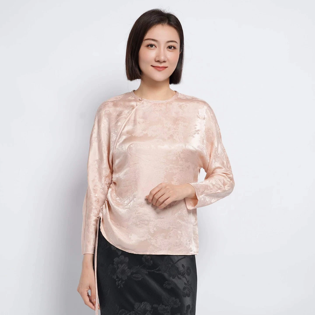 【栖香锦】设计师款 桑蚕丝新中式香槟粉国风上衣2店