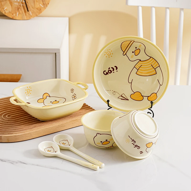 黄小鸭网红碗盘餐具家用饭碗汤碗陶瓷碗勺套装双耳汤碗米饭碗可爱
