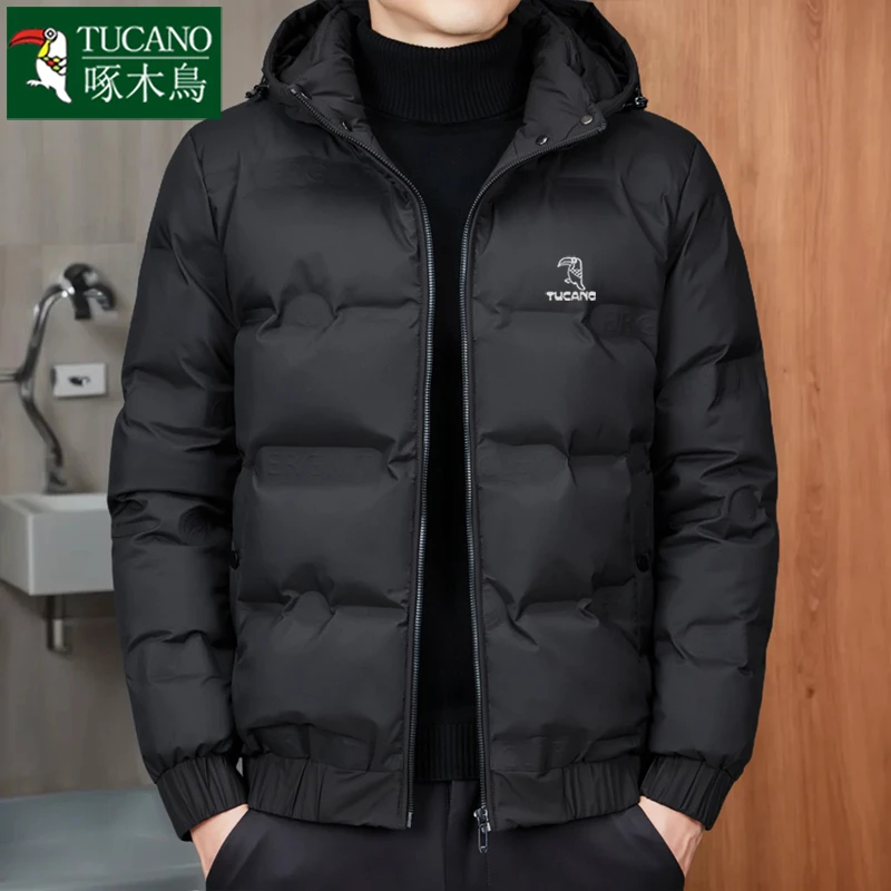啄木鳥男士外套2024冬季保暖连帽韩版潮流短款帅气百搭鸭绒外套男